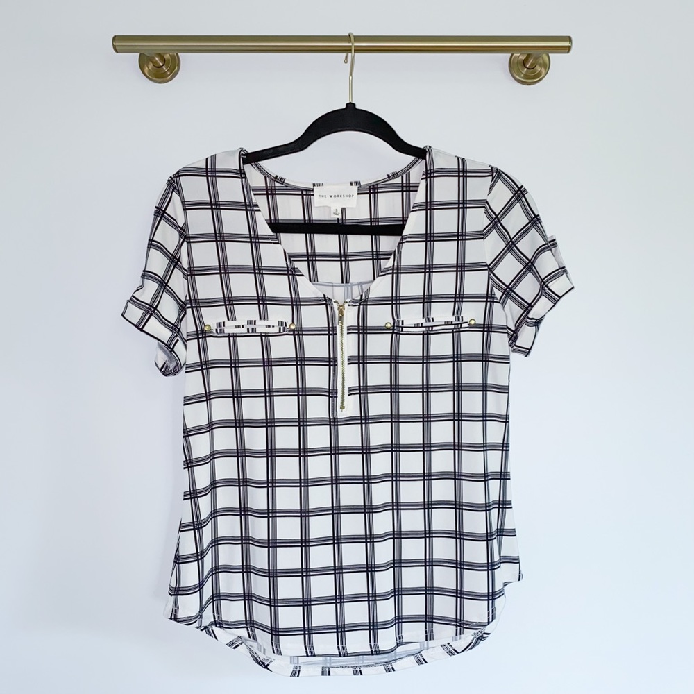 Black & White Geometric Blouse Gold Detail